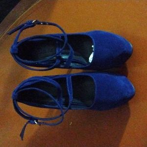 High heel stilettos. Blue suede ankle strap with buckle